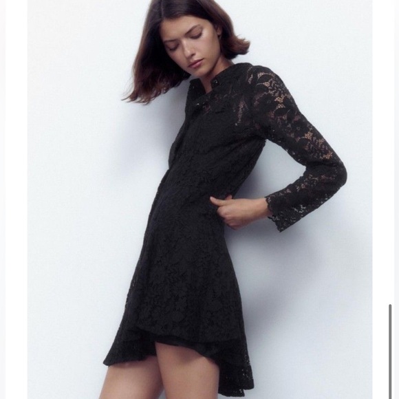 Zara XS Black Lace Collared Mini Shirt Dress Gold Buttons Party - Picture 2 of 9